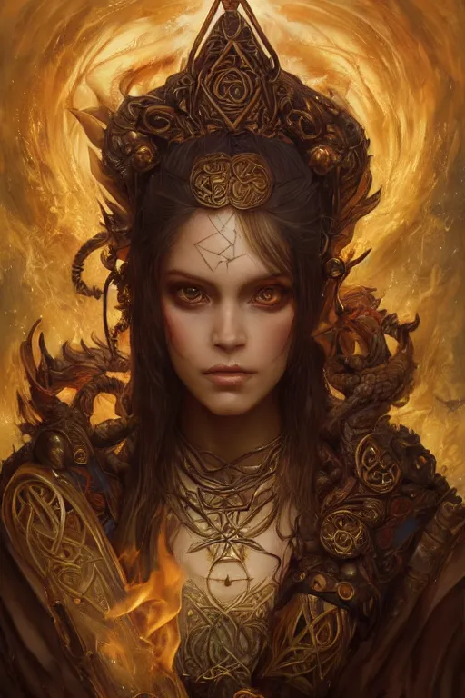 Image similar to front portrait of beautiful girl sorcerer looking up with fire and golden dragon skin, celtic rune tattoos, casting magic spell, angel, fantasy, magic the gathering, hyper detailed, 3 d render, hyper realistic detailed portrait, peter mohrbacher, wlop, ruan jia, luis royo