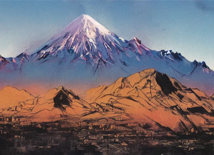 Prompt: a black monolith in the middle of santiago de chile with the andes mountain range in the background. illustration by john berkey kubric cinematographic image