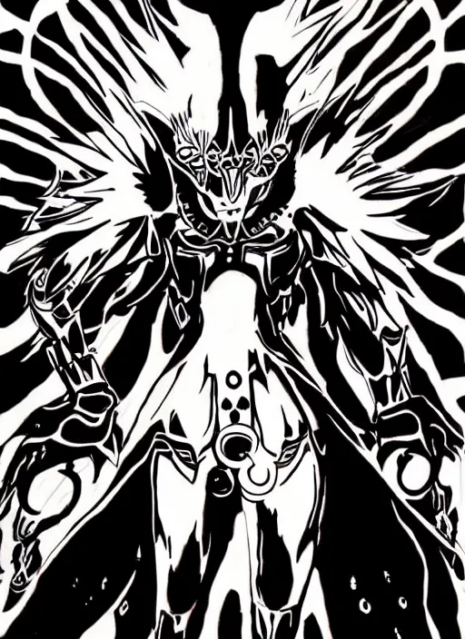 Image similar to shin megami tensei art of a demon called black volga, art by kazuma kaneko, demonic! compedium!, digital drawing, white background, high quality, highly detailed