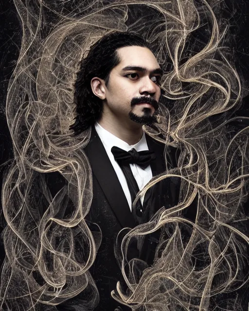 Image similar to a highly detailed portrait of carlos valdes radiating a powerful energy aura, ornate black tuxedo, clean - shaven!!!!!!!!!!!!!!, wispy tendrils of smoke, intricate, digital painting, old english, raining, sepia, particles floating, whimsical background by marc simonetti, artwork by liam wong