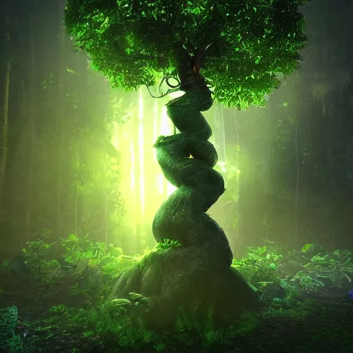 Prompt: ominous, portal to another dimension embedded in a beautiful tree in a densely overgrown jungle, fantasy, dreamlike sunrise volumetric lighting, ultra realistic, atmospheric, stopped in time, epic