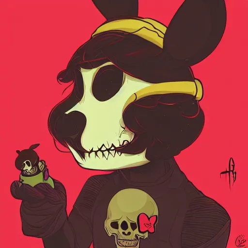 Prompt: portrait skull girl bunny disney by petros afshar, tom whalen, laurie greasley, mucha, war face by greg rutkowski