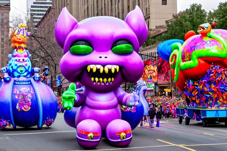 Prompt: photo of giant cute elaborate parade float character designed by ( ( ( ( ( ( ( ( lisa frank ) ) ) ) ) ) ) ) and giger!!!!!!!!!!!!!!, in the macys parade, detailed 4 k photo,