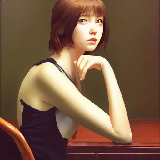 Image similar to oil painting by ilya kuvshinov,, baugh casey, rhads, coby whitmore, of a youthful japanese beauty, long hair, sitting on antique chair leaning against a desk, victorian room, highly detailed, breathtaking face, studio photography