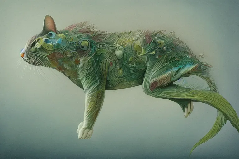 Prompt: painting of hybrid between cat and a fish, intercrossed animal, mixture animal, by tiffany bozic, by zdzislaw beksinski, logical anatomy, cold hue's, warm tone gradient background, concept art, beautiful composition, digital painting