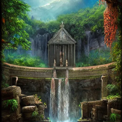 Image similar to temple ruins besides of a waterfall, fantasy art, cinematic