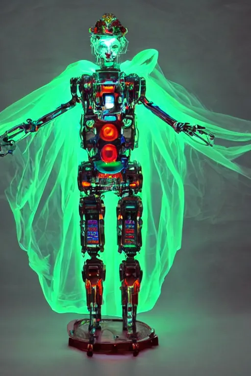 Image similar to full-body rococo and cyberpunk style mint neon and ceramic statue of a muscular attractive Spanish robot god humanoid wearing a thing see-through plastic cloak sim roupa, posing like a super hero, suspended from the sky with thick clear cables, glowing mint face, crown of red steampunk lasers, emeralds, swirling silver silk fabric. futuristic elements. oozing glowing liquid, full-length view. space robots. human skulls. throne made of bones, intricate artwork by caravaggio. Trending on artstation, octane render, cinematic lighting from the right, hyper realism, octane render, 8k, depth of field, 3D