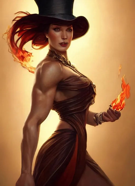 Image similar to Muscular woman in an elegant top hat dress casting a fire spell, medium-length portrait, dramatic lighting, D&D, fantasy, intricate, elegant, highly detailed, digital painting, artstation, concept art, matte, sharp focus, illustration, hearthstone, art by Artgerm and Greg Rutkowski and Alphonse Mucha