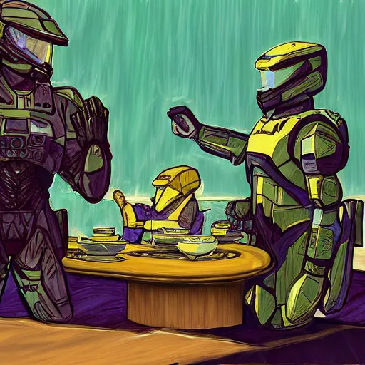 Image similar to Master Chief and The Prophet of Truth having a tea party, digital art