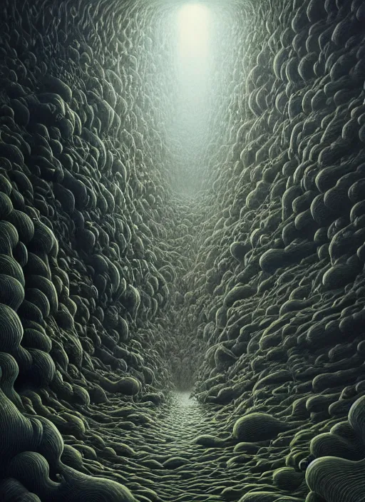 Image similar to hyper detailed 3d render like a Oil painting - inside the abyss by Jacek Yerka, Mariusz Lewandowski, Houdini algorithmic generative render, Abstract brush strokes, Masterpiece, Edward Hopper and James Gilleard, Zdzislaw Beksinski, Mark Ryden, Wolfgang Lettl, hints of Yayoi Kasuma, octane render, 8k