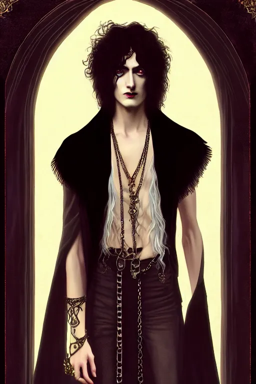 Prompt: a beautiful androgynous man, long hair, tall and thin, dressed in velvet, rock star, young jimmy page, wearing several pendants and a choker, vampire, illustration, dramatic lighting, soft details, painting, art nouveau, octane render, 8 k, hd, by edmund blair leighton, brom, charlie bowater, faces by otto schmidt