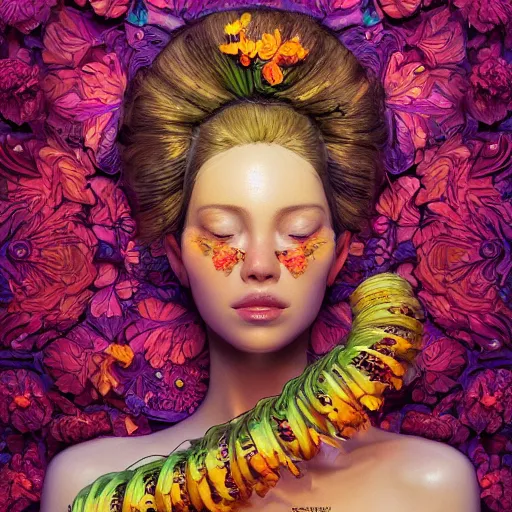 Prompt: the portrait of the most beautiful, graceful, and elegant woman made of bananas and petals, an ultrafine detailed illustration by kim jung gi, irakli nadar, intricate linework, bright colors, final fantasy, behance contest winner, angular, unreal engine 5 highly rendered, global illumination, radiant light, detailed and intricate environment