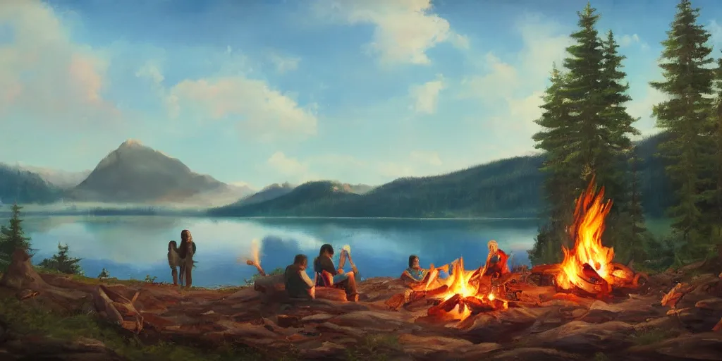 Image similar to a beautiful!!!!!!!! campfire with a beautiful!!! lake in the background, oil painting, trending on artstation, highly detailed