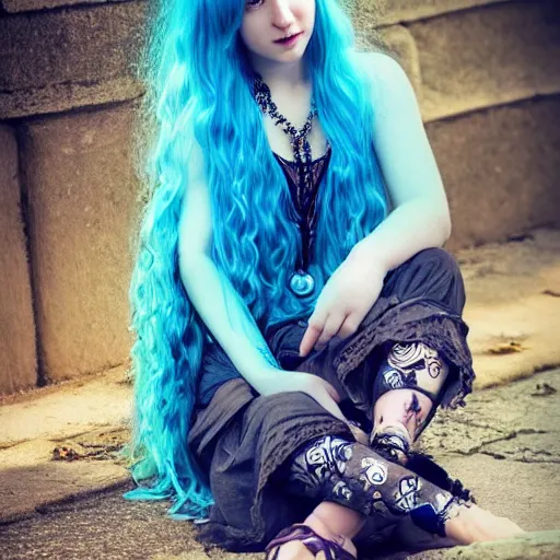 Prompt: dslr photo of a pretty young woman with blue hair, sitting on a bench wearing a flower skirt, and body and wearing hemp sandals and a very detailed faerie necklace around neck, artgerm, artstation, very high quality face, extremely high quality, moody lighting, real camera, real photo, photography by deviantart, art by bidun art, 8 k
