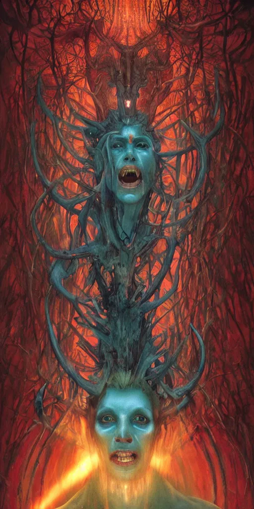 Image similar to intense snarling glowing pagan god with ram horns and veins and intense glowing eyes in very dark forest by karol bak and beksinski and alphonse mucha, portrait, fantasy, clear, light beams, lens flare, intense, uhd, red and teal and yellow, amazing depth, cinematic lighting