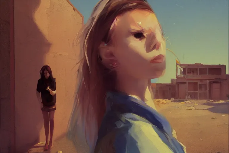 Image similar to digital art of a beautiful girl wearing a shirt standing in front of a ruined apartment complex, desert composition, sunlit, expressive oil painting, by artgerm, by jeremy lipking, anime style, octane render, bright colors, face!!!! close - up