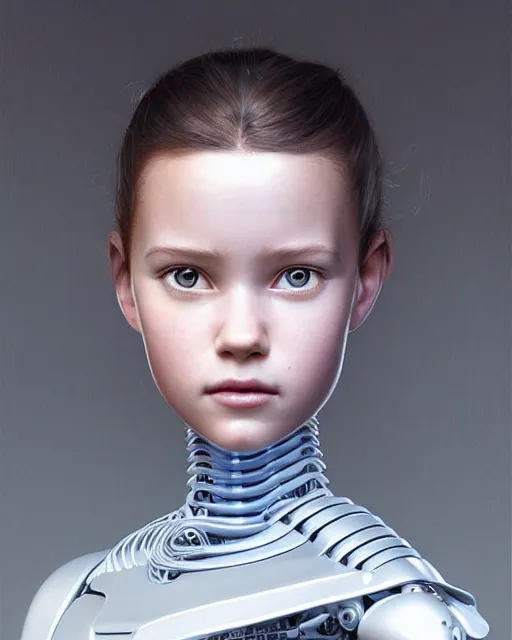 Image similar to weta disney pixar movie still head and torso portrait photo of young millie alicia bobby vikander brown with a white ponytail as thoughtful intricate detailed mechanical white plastic cyborg girl by pixar, by weta, wlop, ilya kuvshinov, rossdraws, artgerm, latex, iridescent, bright morning, anime, liosh, mucha