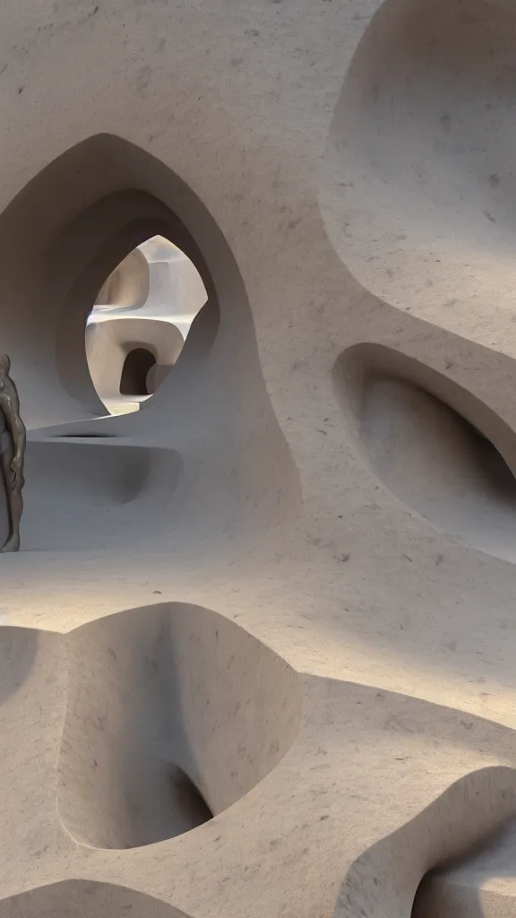 Image similar to the inside of a stone marble sculpture monument by arthur haas and bruce pennington and john schoenherr, architecture by zaha hadid, octane render, warm colour scheme, white, cinematic, scenery, high detail, high quality, close up angle, people walking