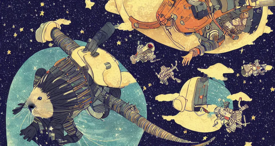 Image similar to guineapigs flying in space suits, deep dark universe, twinkling and spiral nubela, warmhole, beautiful stars, 4 k, 8 k, by hokusai, samurai man vagabond, the samurai holds chains, detailed, editorial illustration, matte print, concept art, ink style, sketch, digital 2 d