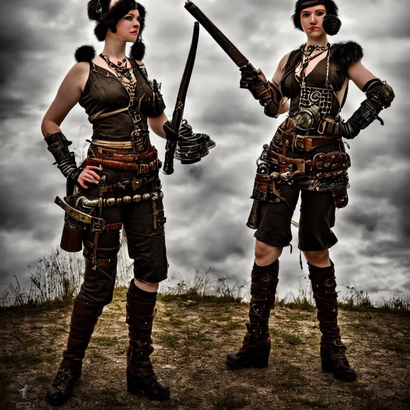 Prompt: full length photo of a very beautiful female dieselpunk warrior with weapons, 8 k, hdr, smooth, sharp focus, high resolution, award - winning photo