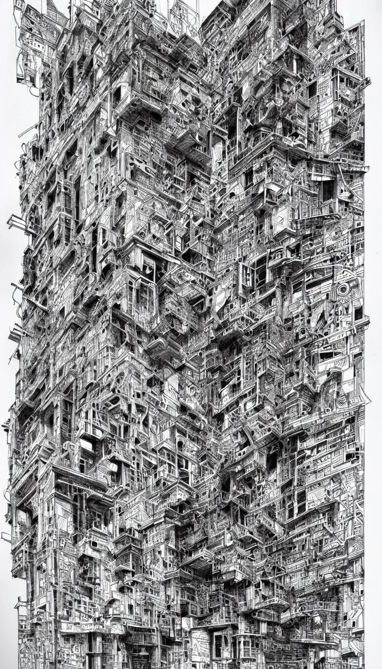 Image similar to a black and white drawing of a building, a detailed mixed media collage by hiroki tsukuda and eduardo paolozzi, intricate linework, sketchbook drawing, street art, polycount, deconstructivism, matte drawing, academic art, constructivism