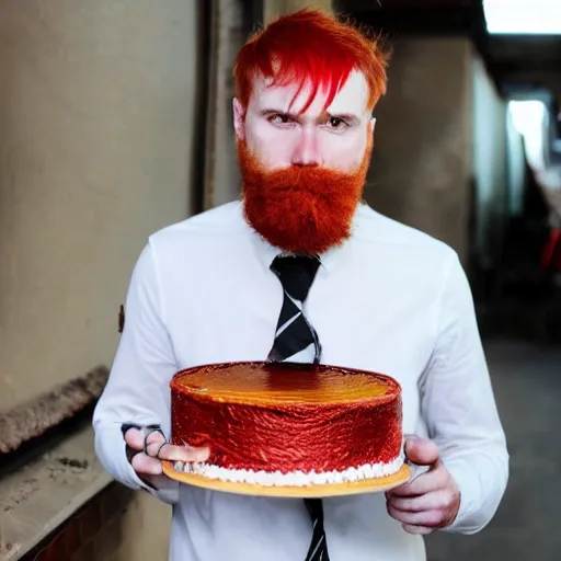 Image similar to Red haired man, dressed with a turbant, with a birthday cake