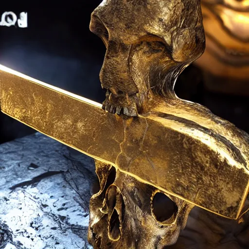 Image similar to an ancient ax created with a skull, gold, ultra realistic, unreal engine, detailed