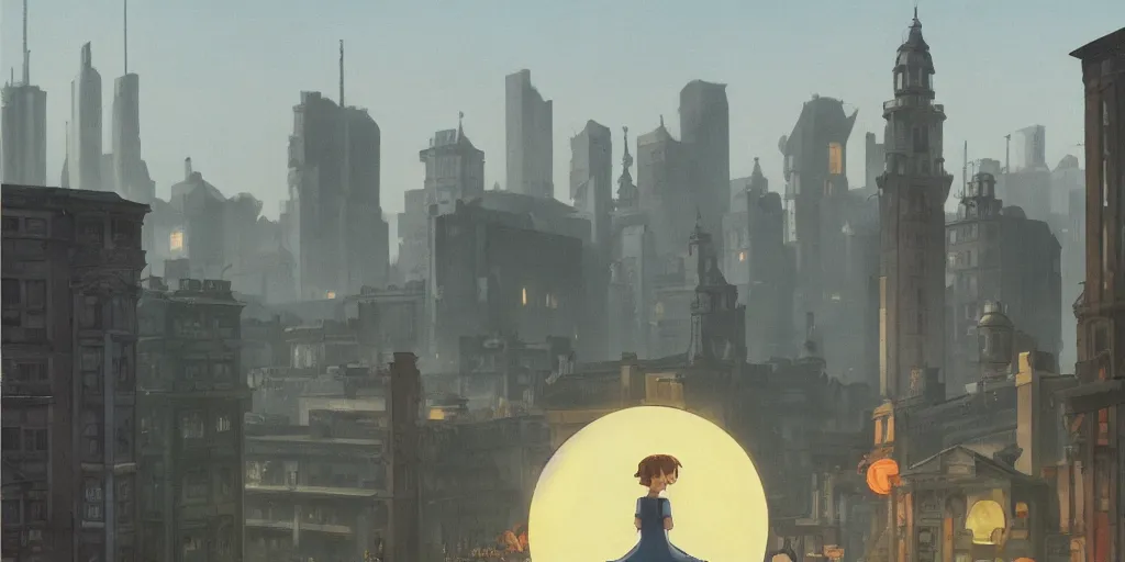 Image similar to A large radiant spherical object lights up an immense city square, dieselpunk, by Studio Ghibli and Edward Hopper