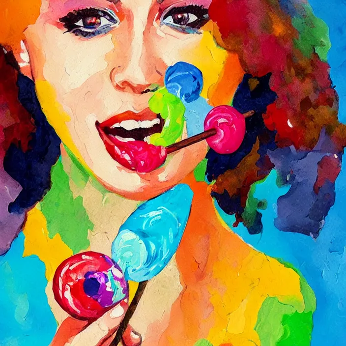 Prompt: portrait of beautiful woman licking a lollipop painted with colorful gouache impasto