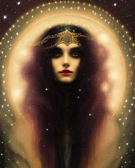 Image similar to Nocturne, glowing, stars, a portrait of a beautiful female shadow djinn with jeweled collar, long hair, glowing eyes, highly detailed, mysterious, ethereal, dressed in velvet and gold jewelry, haute couture, illustration, dramatic lighting, painting, by Edmund Blair Leighton, Brom, Charlie Bowater, trending on artstation, faces by Tom Bagshaw, otto schmidt