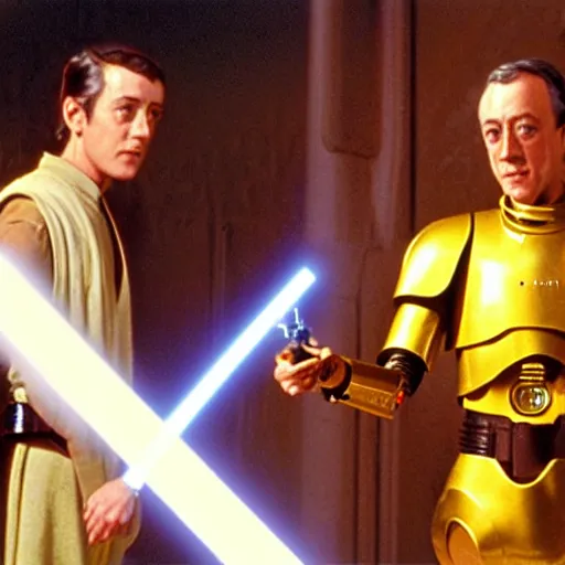 Prompt: film still of young alec guiness as a jedi in new star wars movie, he is talking to a golden droid, dramatic lighting, highley detailled face, kodak film, wide angle shot, photorealistic