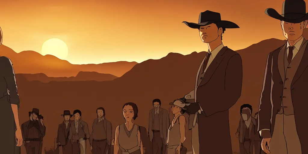 Prompt: westworld, abernathy, ford, millay, studio ghibli style, detailed faces, sunset, 4 k