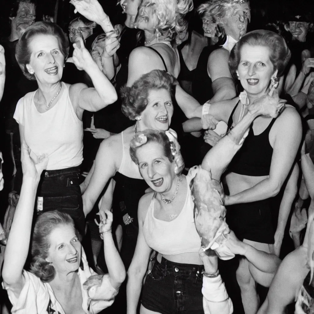 Image similar to margaret thatcher smiling, dancing in a night club wearing a black crop tank top and jeans shorts, photography