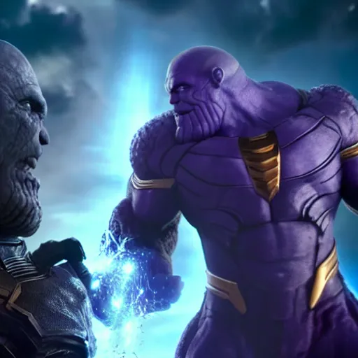 Prompt: Thanos fighting Darkseid in hell, hyper realistic, Zack Snyder movie shot, moody, atmospheric, 8k resolution, high detail,