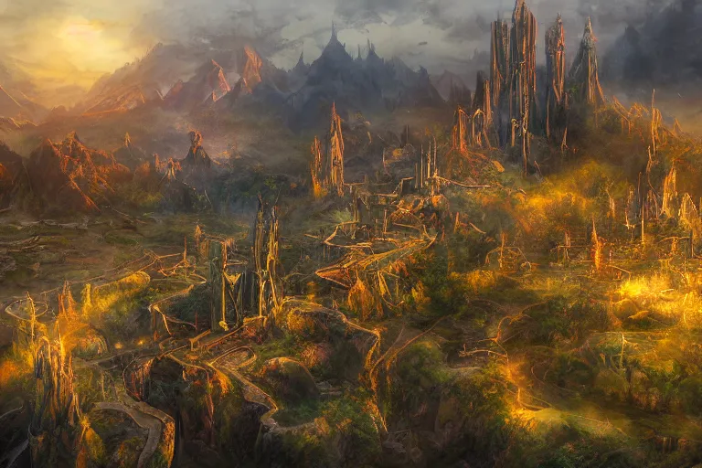 Image similar to fantasy painting, aerial view of an ancient land, sunset and ominous shadows over the kingdom, brutalist rivendell eden by jessica rossier and brian froud