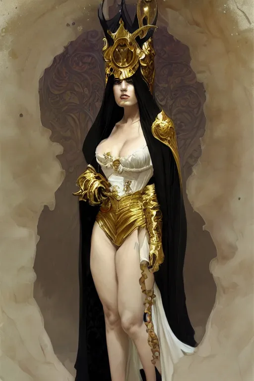 Prompt: Portrait of a Holy Necromancer, female, beautiful, golden robes, white pants, exquisite black accessories, golden corset, highly detailed, smooth, sharp focus, digital painting, illustration, fantasy, by Krenz Cushart and Artem Demura and alphonse mucha, artstation, cgsociety