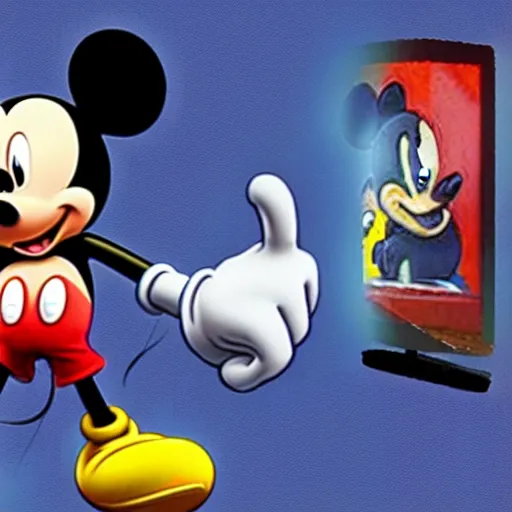 Image similar to mickey mouse playing video games with sonic