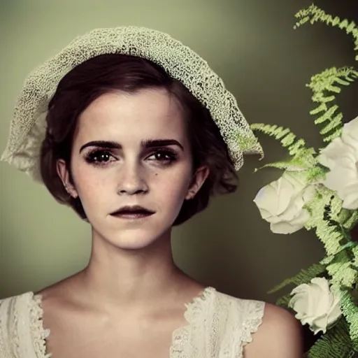 Prompt: washed out on worn out canvas textured canvas wall full body fashion model emma watson smokey eyes makeup eye shadow fantasy, glow, shimmer as victorian woman in a long white frilly lace dress and a large white hat having tea in a sunroom filled with flowers, roses and lush fern flowers ,intricate, night, highly detailed, dramatic lighting , high quality