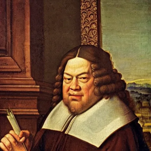 Image similar to a renaissance painting of bach, he is smiling at the camera and writing a piece of music on a sheet.