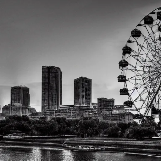 Image similar to A ruined city floating, in the sky, metropolises, modern, overgrown, a giant Ferris wheel