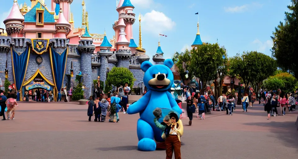 Image similar to disneyland in paris, with a giant bear with a suit