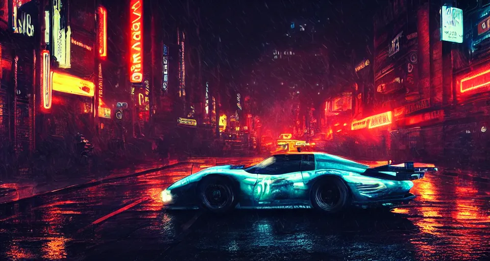 Image similar to close up macro shot of a racing car on wet city street at night, intricate, hyper detailed, smooth, high contrast, neon, volumetric lighting, octane, moebius, greg rutkowski, blade runner, ripley scott, cindmatic