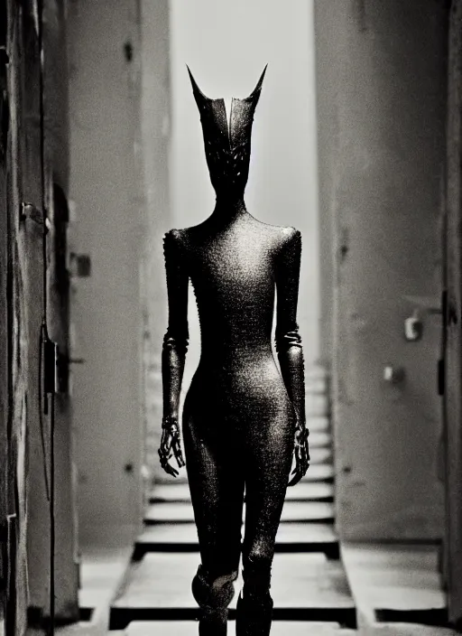 Prompt: walking down the catwalk, steven klein, show, stage, vogue photo, podium, fashion show photo, iris van herpen baroque dress, beautiful woman, perfect body, full body shot, helmet on face, masterpiece, guyver, giger, biomechanical details, denis villeneuve, movie still, fauvism, cinestill, bokeh