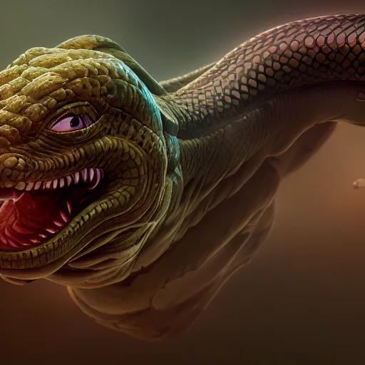 Image similar to human - snake chimera, sci - fi, gritty distopian, pixar splash art, wlop, highly detailed, trending on artstation, 4 k, wallpaper - 1 0 2 4