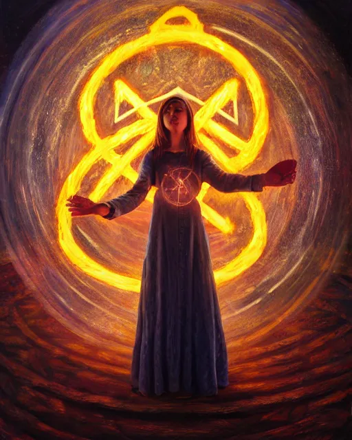 Image similar to oil painting of mage reciting an incantation and standing on glowing circular runes in the middle of dark room, high production value, intricate details, high resolution, hyperrealistic, hdr, high definition, masterpiece, ultra realistic, highly detailed, hd, sharp focus, non blurry, sharp, smooth