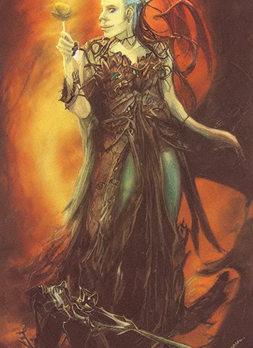 Image similar to portrait of young female sorceress of the endtimes, beautiful! coherent! dungeons and dragons character, by brian froud, strong line, cool night color, high contrast