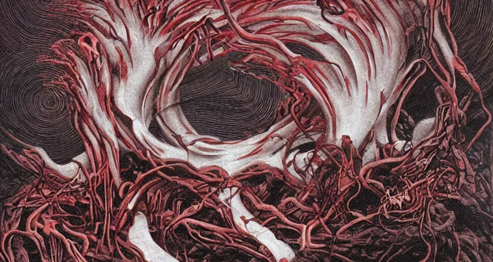 Prompt: a volcano made of ivory vines and crimson rocks enters in eruption, it spits a smoke in the shape of demonic eye, by HR Giger