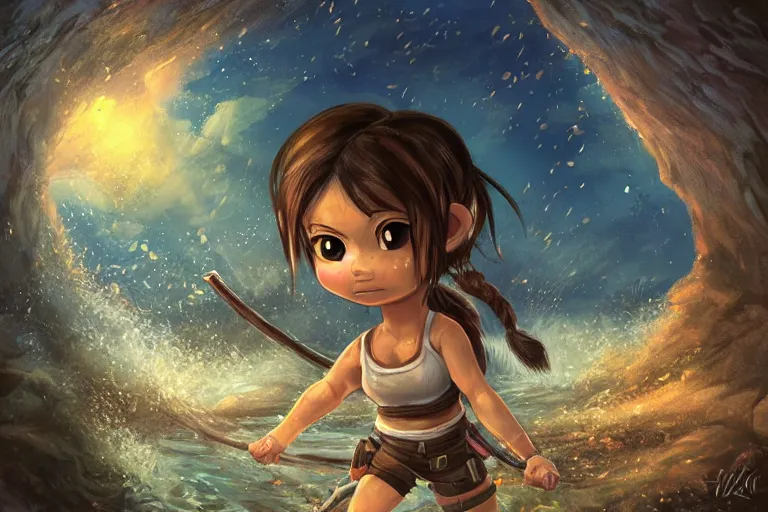 Image similar to wide shot of exhausted Chibi Lara Croft climbing out of a roaring ancient river, fireflies by Lilia Alvarado