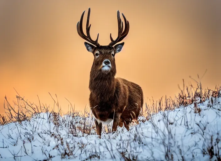Prompt: photograph of red deer on a mountain, winter, wildlife photography, award winning, canon, soft lighting, sony, nikon, 4 k, hd