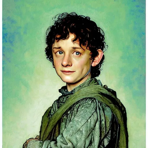 Prompt: Frodo Baggins head and shoulders portrait by norman Rockwell, epic